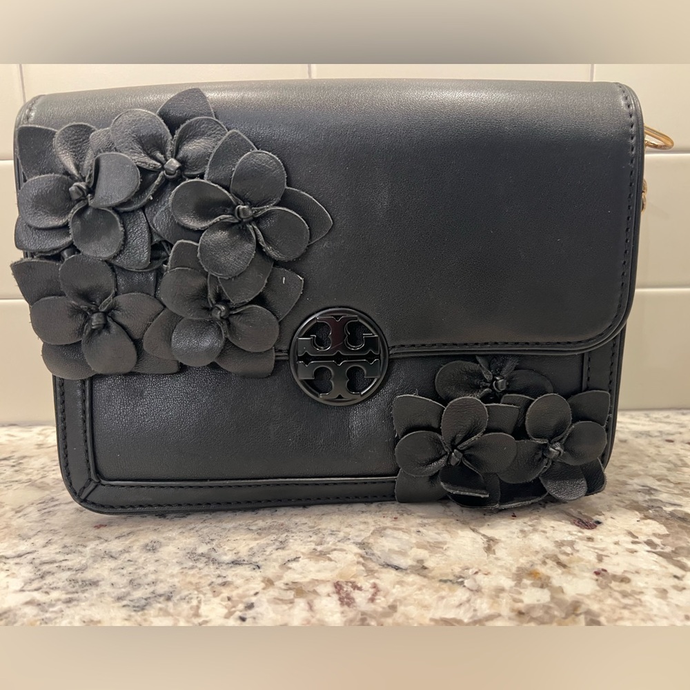 Tory Burch Leather Black Floral Embellished Crossbody Bag with gold chain strap